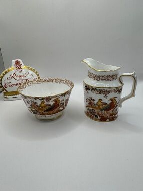 Royal Crown Derby Olde Avesbury Birds of Paradise open sugar and creamer set.